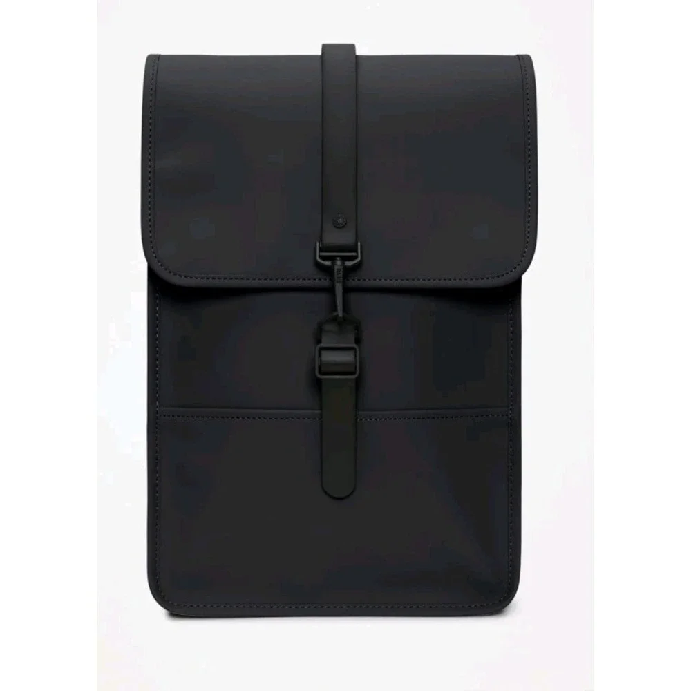 Rains Backpack‎ All Black Leather Buckle Latch Modern Contemporary Staple Sleek